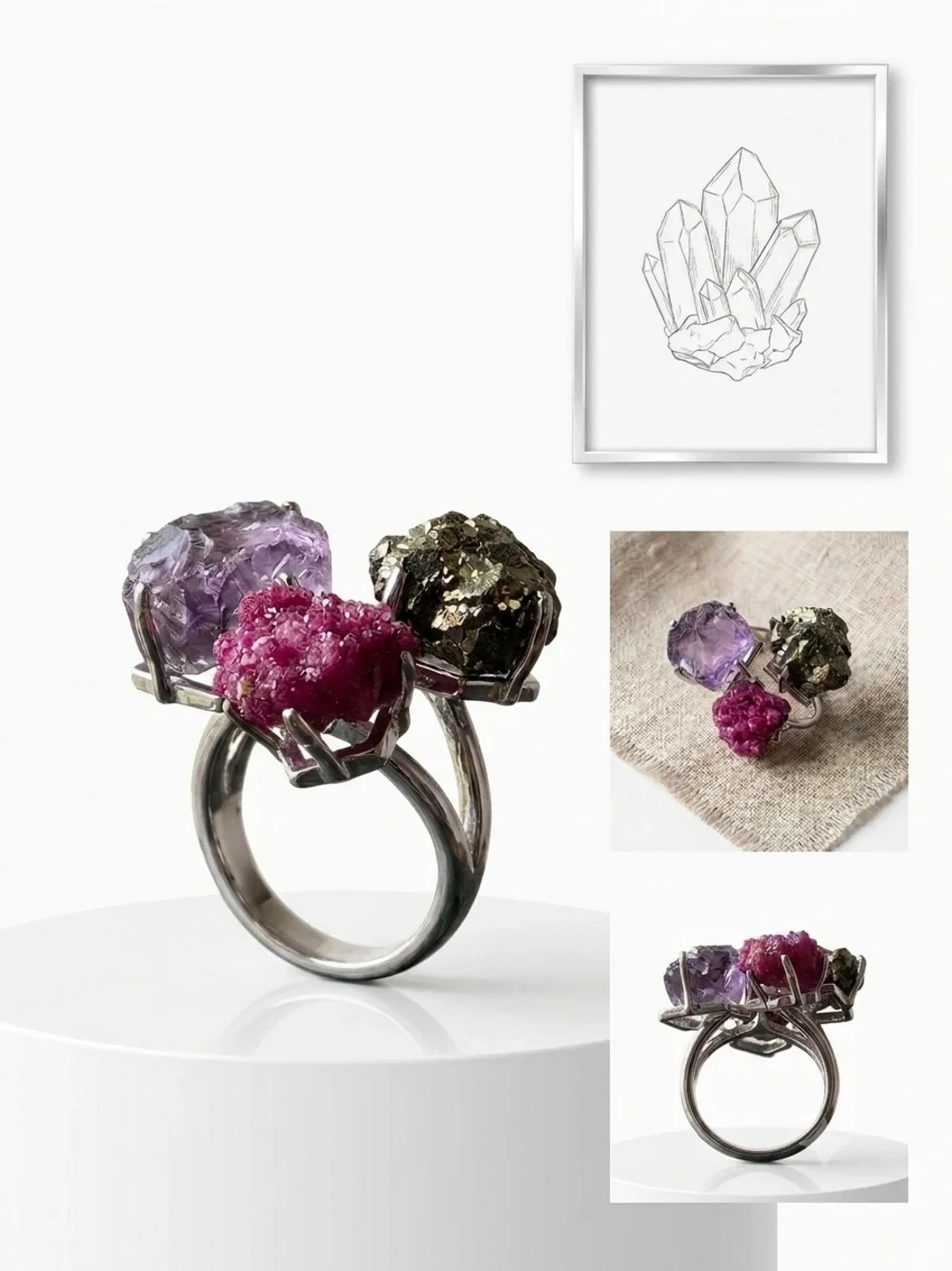 Stainless Steel Statement Raw Gemstone Cluster Ring